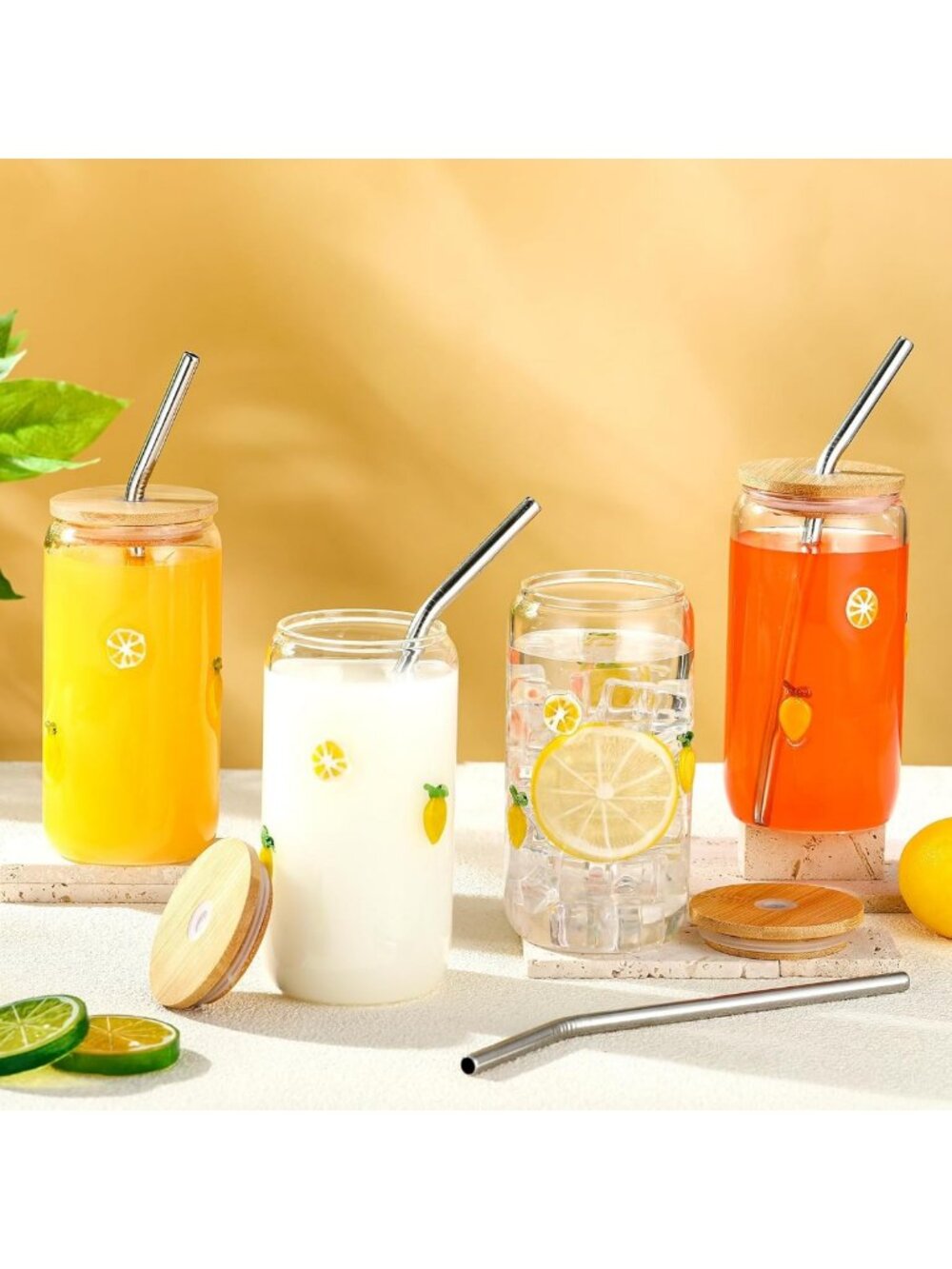 Lemon Icon Juice Glass Set - 4 Pcs 17 oz Cups with Lid, Straw & Cleaning Brush